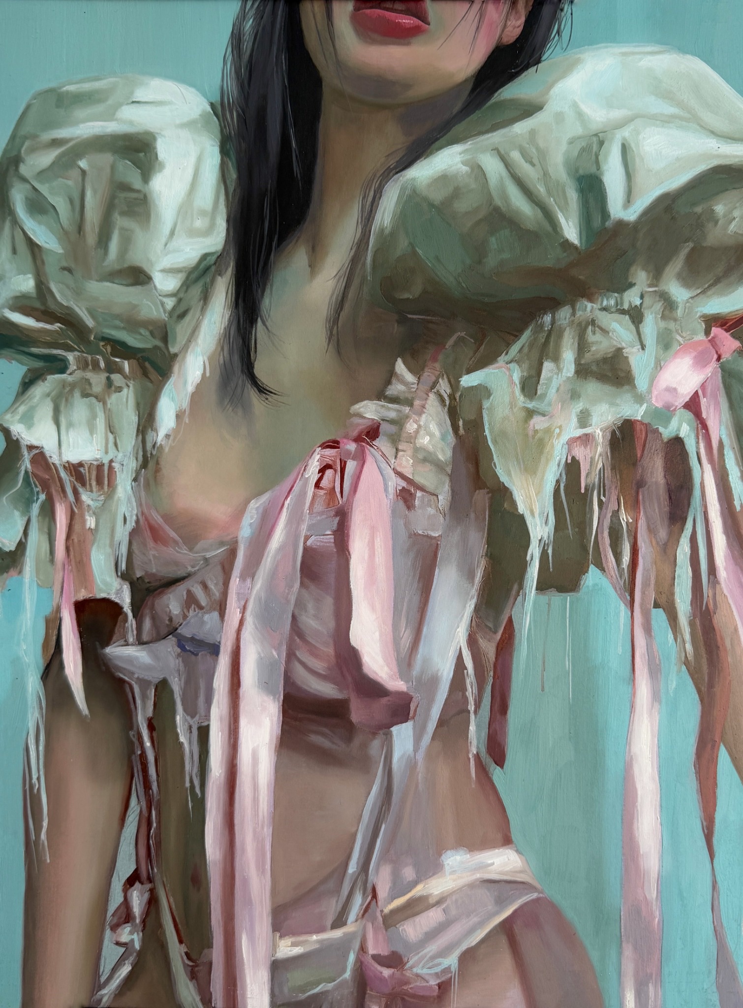 Close portrait of a figure wearing a fragmented pale garment with pink ribbons