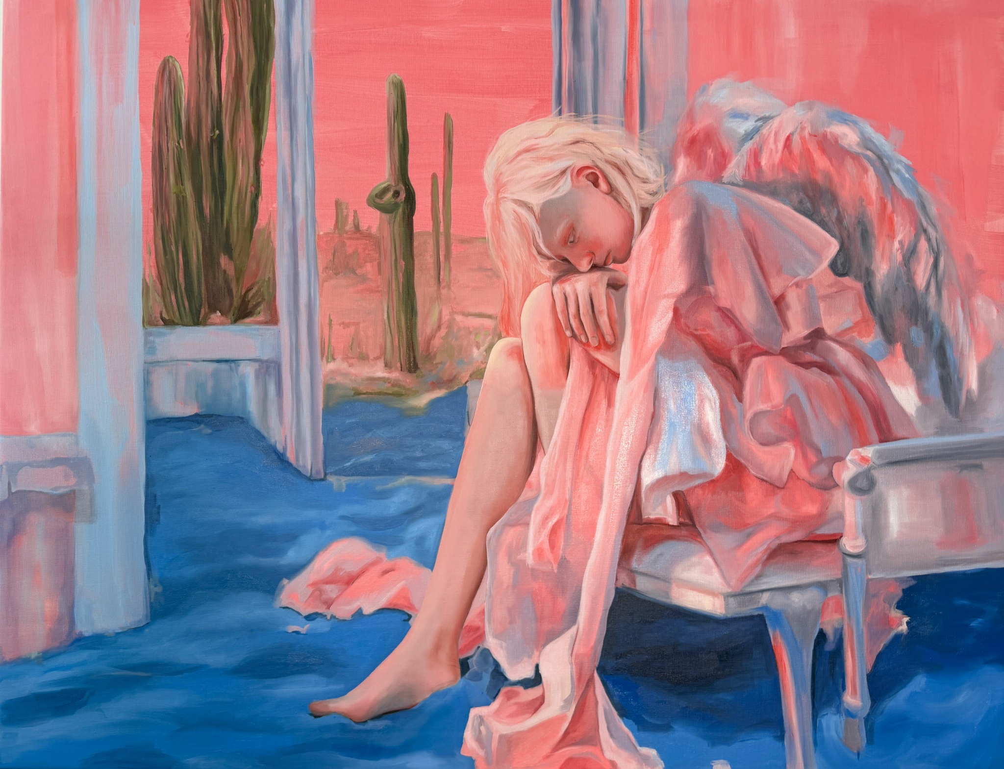 A winged figure seated in an interior that opens onto a desert landscape with tall cacti