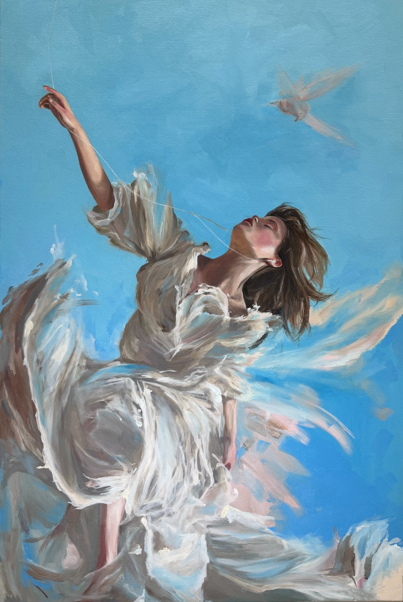 A figure in a flowing white dress reaching upward toward a bird against a blue sky