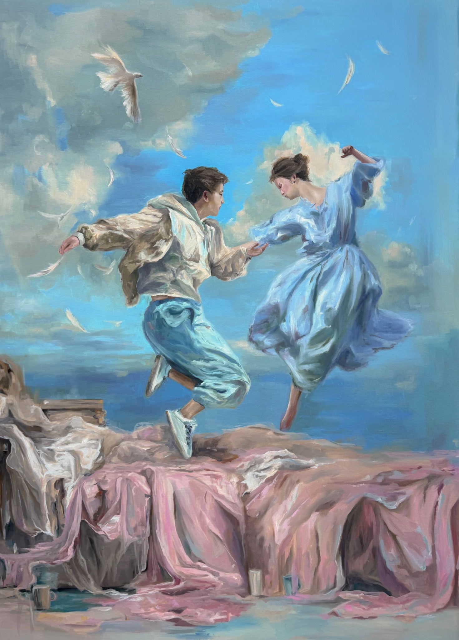 Two figures floating above a bed beneath a blue sky filled with clouds and feathers